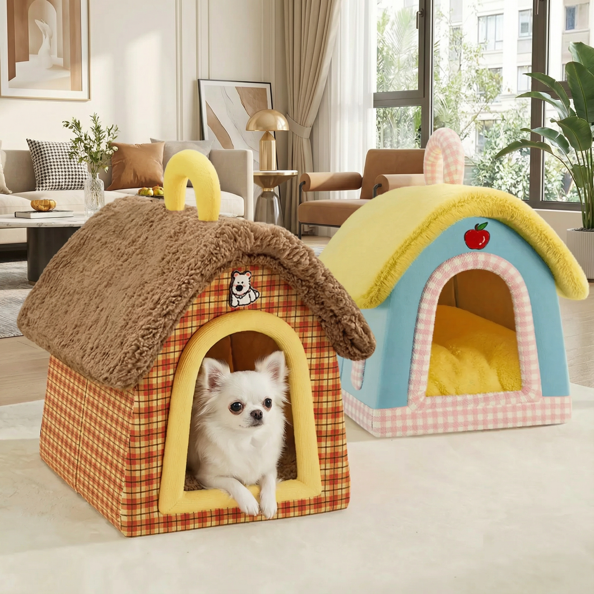 Dog Crate Cat Foldable Plush Cave Bed Warm Cozy Indoor Shelter